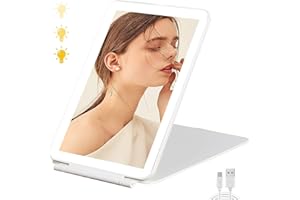 ‎TANSHINE TANSHINE Reisespiegel Schminkspiegel mit LED-Leuchten,Tragbarer beleuchteter Kosmetikspiegel für Reise Spiegel mit DREI Farben Licht,Make Up klappspiegel,Weiß