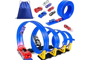 HERMORRYSS Rennbahn für Kinder, 5 Meter Autorennbahn Rennstrecke mit 6 Fahrzeuge und Rampe, Geschwindigkeitsstrecke Rennstrecke Rennbahn Spielzeug, Jungen Mädchen 3+ (Blau)