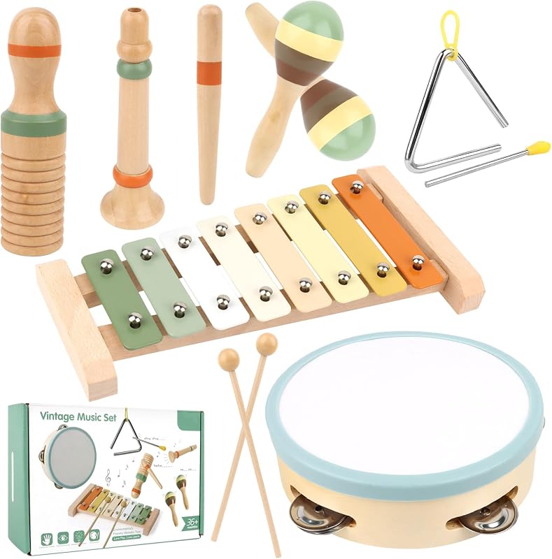 KUOFANY Musikinstrumente für Kinder ab 3 Jahren, Holzspielzeug mit Xylophon, Triangel, Maracas, Tamburin, Klanghölzern und Klarinette, Grau, Kleinkindgerecht