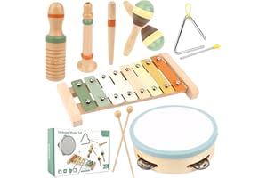 KUOFANY Musikinstrumente für Kinder ab 3 Jahren, Holzspielzeug mit Xylophon, Triangel, Maracas, Tamburin, Klanghölzern und Klarinette, Grau, Kleinkindgerecht