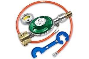CAGO Gasregler 50 mbar mit 360°-Manometer | Gas Füllstandsanzeige | Propangas Druckminderer | Druckregler Camping Propan Butan | mit Gas-Schlauch 100cm | 2 in 1 Gasregler Schlüssel