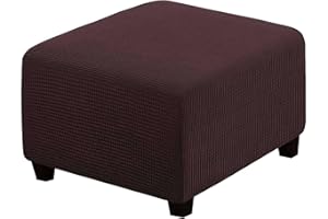 qiden Square Footstool Cover Stretch Ottoman Cover Plush, 10% Thicker Large Stretch Pouffe Cover Anti-Slip Foot Stool Jacquard Slipcovers With Elastic Bottom, Machine Washable-Brown-Large