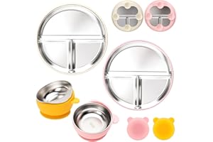 CLDY 2 Stück Edelstahl Babyteller mit Saugnapf + 2 Stück Breischale Baby schüssel, kinder geschirr set, Geteilte Standfeste Esslernteller Geteilte Teller - BPA-Frei - Auslaufsicher, spülmaschinenfest