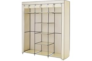 Songmics Armario de Tela, Armario Portátil con Barra Colgante, Perchero Plegable, para Vestuario, Dormitorio, Cuarto de Estudio, 150 x 45 x 175 cm, Beige RYG12M