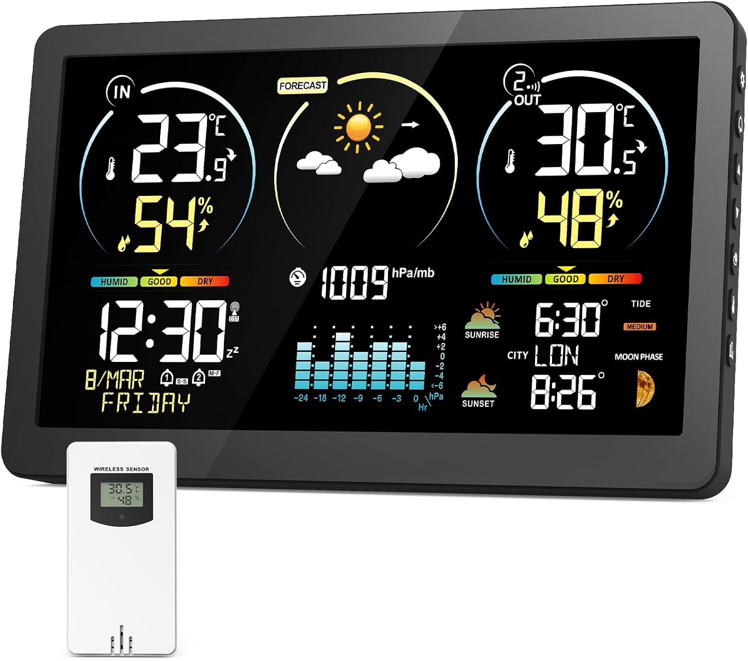 Estación meteorológica inalámbrica con sensor, termómetro higrómetro digital interior exterior, pantalla LCD a color, calendario de radio despertador DCF Snooze barómetro previsión meteorológica reloj