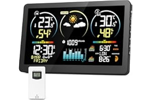 CIXMUS Estación meteorológica inalámbrica con sensor, termómetro higrómetro digital interior exterior, pantalla LCD a color, calendario de radio despertador DCF Snooze barómetro previsión meteorológica reloj