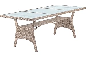 Casaria Table de Jardin polyrotin Crème 190x90x74 cm Plaque en Verre de sécurité réglable résistant aux intempéries
