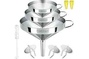 Trichter Edelstahl, PEMOTech 3 Stück Trichter Küche mit Silikonregler und Filter, für die Übertragung von Flüssigen Zutaten, Trockenen Zutaten und Pulver, Zubehör mit 1 Reinigungsbürste, 10/12/14 cm