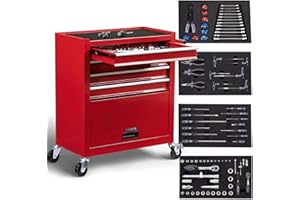 AREBOS Servante d'atelier 4 Compartiments | avec 81 pièces d'outils | Chariot à Outils | équipé | Tapis antidérapants | Interlock | 2 roulettes avec Frein de stationnement | Rouge