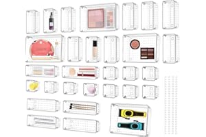 LOVICVKEM 30pcs Organizer Cassetti Plastica Trasparente, Organizer per Cassetti, 4 Dimensioni Contenitori per Cassetti Salvaspazio per Trucchi Cassetti, Divisori Per Cassetti,Cosmetici, Bagno,Cucina