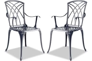 Homeology Oshowa Grey 2-Large Garden and Patio Bistro Chairs with Armrests in Cast Aluminium