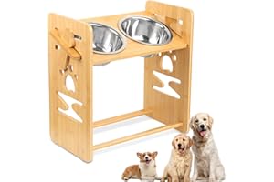 JOLIGAEA Hundenapf erhöht mit Ständer, Futterstation Hund Groß, Erhöhter Bambus 2 Edelstahl Näpfe und Anti-Rutsch-Füßen Für Katze Hunde, 6 Einstellbare Höhen, Größe: 39 x 21 x 40 CM, QIAO-209