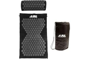 JLL Fitness Acupressure Mat Set - Prick Free Acupuncture Mat and Acupuncture Pillow for Relaxation and Pain Relief - Massage Mat, Acupressure Cushion, Washable Cover and Travel Bag (Black)…
