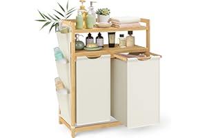 SONGMICS Kosz na pranie z 2 przegrodami, na brudną bieliznę, bambus, pojemność 100 litrów, z półką i kieszeniami bocznymi, 2 x 50 l, 63 x 33 x 98 cm, kremowo-biały RLH200W01