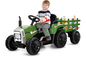 GOPLUS 12V Kinder Elektrischer Traktor mit Anhänger, 3-Gang Elektrofahrzeug mit Fernbedienung, Elektroauto mit LED-Licht & Musik & Bluetooth, 30 kg Belastbarkeit, ab 3 Jahre (Grün)