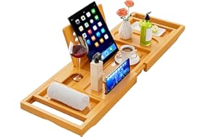 ADOV Bath Tray, Foldable Luxury Bamboo Bathtub Caddy, Adjustable Bath Board with Book Rest, Phone, Tablet, Candle, Towel, Wine Glass Holder, Extendable Wooden Tray Bath-Shelf Fits Most Bathtub Sizes