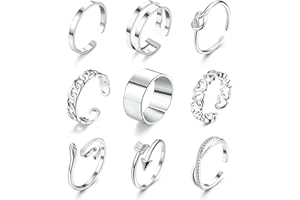 JeweBella 9 Piezas Anillos Mujer Plata/Oro Acero Inoxidable Boho Anillos Abierta Minimalista Apilables Anillos Nudillos Juego