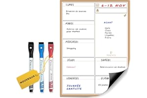 Previs Planning Frigo Magnetique Hebdomadaire A3 (30X40CM) avec 3 Marqueurs Premium - Idéal pour les listes de courses et l'organisation des menus, le travail, l'école et la semaine en famille.