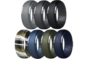 Dookeh Atmungsaktiver Herren-Ehering aus Silikon, Gummi-Ringe für Männer, schwarz-blau, Camouflage-Verlobungsband, ideal für Workout, 1–4–7 Stück