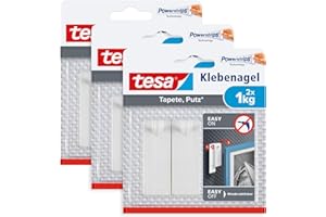 Tesa 77773 - Carta da parati e intonaco, 1 kg, in confezione da 3 pezzi, superficie sensibile senza residui, 1 kg di tenuta per chiodo, 3 x 2 chiodi adesivi, 1 kg