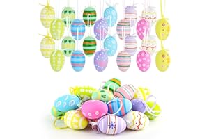 HOCUCHELAND 24 Stück Ostereier zum Aufhängen, Bunte Ostereier Plastik mit Bänder und Exquisite Muster, Osterschmuck zum Aufhängen Ostereier Einzigartig für Draußen und Innen Deko, Geschenk