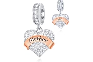 CRISNATA Thème familial pavé Coeur Pendentif Charms avec Clear CZ, Perles de ruban en argent sterling 925 en or rose, convient au bracelet de fête des mères européennes, cadeaux pour mère/femme/amis
