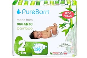 PureBorn Couches Écologiques en Bambou, Taille 2 (3-6 kg), 128 pièces, Hypoallergénique, Ultra Douces, Imprimé Assorti, Indicateur d'humidité