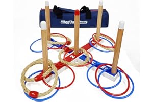 JAC & MOK Ring Toss Game Wooden Quoits Throwing Tossing Game Set with Carry Bag（5 pcs Rope Rings + 10 pcs Plastic Rings)