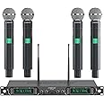 Phenyx Pro Wireless Microphone System, 4-Channel UHF Wireless Mic, Fixed Frequency Metal Cordless Mic with 4 Handheld Dynamic Microphones, 260ft Range, Mics for Singing, Church(PTU-5000-4H)