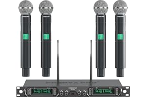 Phenyx Pro Wireless Microphone System, 4-Channel UHF Wireless Mic, Fixed Frequency Metal Cordless Mic with 4 Handheld Dynamic Microphones, 260ft Range, Mics for Singing, Church(PTU-5000-4H)