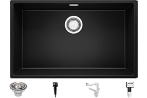 Fregadero bajo Encimera 76 x 47 cm, Fregadero Granito Un Seno + Sifón Automático, Fregadero Cocina London 80 de Primagran, Negro