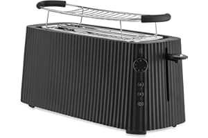 Alessi Plissé MDL15 B - Tostapane Lungo a Doppio Scomparto, in Resina Termoplastica, Griglia Scalda Brioche in Acciaio Inossidabile 18/10 e Resina Termoplastica, Spina Europea 1700 W, Nero