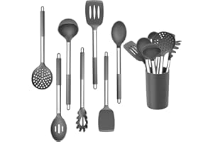 Joyfair Lot de 8 ustensiles de cuisine en silicone avec poignée en acier inoxydable antiadhésifs résistants à la chaleur ensemble de couverts de cuisine avec porteustensiles sains et durables Gris