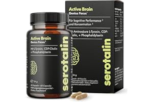 ‎SEROTALIN serotalin ACTIVE BRAIN Genius Focus | Koffein, Grüner Tee Extrakt, L-Theanin, L-Tyrosin & B12 hochdosiert | 100% Vegan & Made in Germany | 60 Kapseln