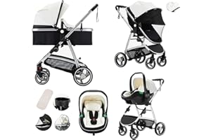 Lnhcrbs Kinderwagen 3 in 1,Kinderwagen Set ist ein mit einer Hand faltbarer Aluminiumrahmen, Bergsteiger Kinderwagen ist aus Leder, wasser- und schmutzabweisend, Für 0-4 Jahre, 22KG(Weiß)