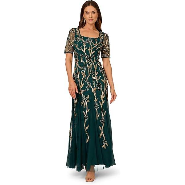 adrianna papell foil asymmetric maxi dress sage gold Foil Leaf Short Sleeve Gown With Draped Details In Green Pine Gold