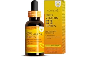 Vitamine D3 Gouttes Végétale - 1000 UI par goutte, 2000 UI par 2 gouttes - Vitamine D Flacon de 60ml - Dosage Facile – Cholécalciférol pour des os, dents, muscles et Système Immunitaire en Bonne Santé