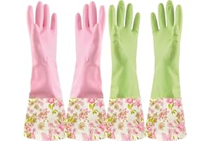 KINGFINGER Rubber Latex Cleaning Gloves, 2 Pairs Dishwashing Gloves, Long Guff and Flock Lining HouseholdGloves, Medium