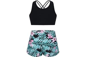 Mufeng Tankini Enfants Filles Maillots de Bain 2 Pièces Floral Bikini Halter Débardeur Haut de Bain Shorty Short de Bain Ensemble Plage Vêtements Sport D'été 4-14 Ans