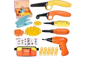 ZLEMMA Kids Cardboard Tool Kit- 258 Piece Cardboard Construction Toolbox – with Drill, Safety Saw, Scorer, Hinges & Bolt, Portable Waist Bag, Gift Box for Creative DIY Projects