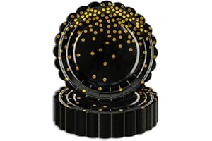 HFBOBP 50 Stück Partyteller Goldfolie Teller, Schwarz Gold Dot Pappteller Partygeschirr für Abendessen, Dessert, Hochzeit, Jubiläums, Valentinstag