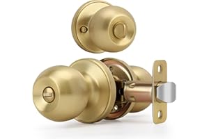 LOQRON Brushed Gold Ball Design Door Knob with Lock, Privacy Round Shaped Keyless Doorknob for Bathroom/Bedroom, Satin Brass Finish