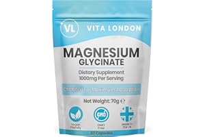 VL VITA LONDON Magnesium Glycinate 1000mg | 60 Vegan Capsules (not Tablet, Gummies or Powder) High Strength 180mg Elemental Magnesium Bisglycinate | UK Made