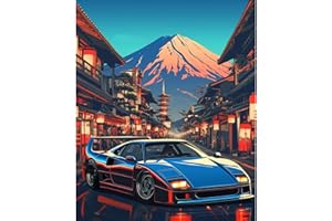 NEWENMO Mont Fuji Peinture par Numero Adulte,Voiture Bleue Peinture Numero,Architecture Japonaise Paint by Numbers,DIY Peinture à l'huile,Acryliques Bricolage Peintures Kits,pour Décor Maison 40x50cm