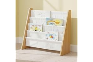 Humble Crew Journey Wooden Bookshelf for Children, 4 Tier Book Storage Organiser with Deep Fabric Pockets, Forward Facing Book Display for Easy Identification - Natural Wood/White