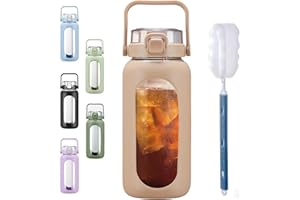 BLUEGO 2L Gourd en verre Avec paille Marqueur de temps Bouteille d'eau Motivation avec manchon en silicone 2 litres Grande carafe d'eau en Verre pour Gym, sports et entraînement, Ambre