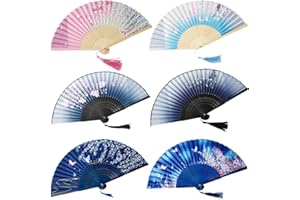 ZGCXRTO 6 Stück Faltbare Fächer Handfächer für Damen Falt Ventilator Holz Geschnitzten Bambus Handheld Faltfächer Chinesischen Stil Hand Fächer Mit Quasten für Wanddekoration Geschenke Hochzeit