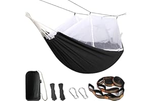 Anyoo Bawełniany hamak z moskitierą i paskami na drzewo, oddychający hamak siatkowy do ogrodu, na podwórko, kemping, wędrówki, wędrówki z plecakiem