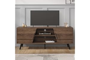 Novilla 135cm TV Stand Cabinet for 55 Inch TV, 2 Tier Ladder TV Cabinet, 2 Doors, Six-zone Storage, Adjustable Shelf & Metal table legs, Anti-scratch & Waterproof Desktop, Walnut, 135x40x53cm