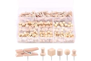MOOLLYFOX Mollyfox Lot de 135 punaises en bois avec boîte de rangement – punaises, clips et punaises pour tableau d'affichage, plaque de liège, carte géographique, photos, maison et bureau (6